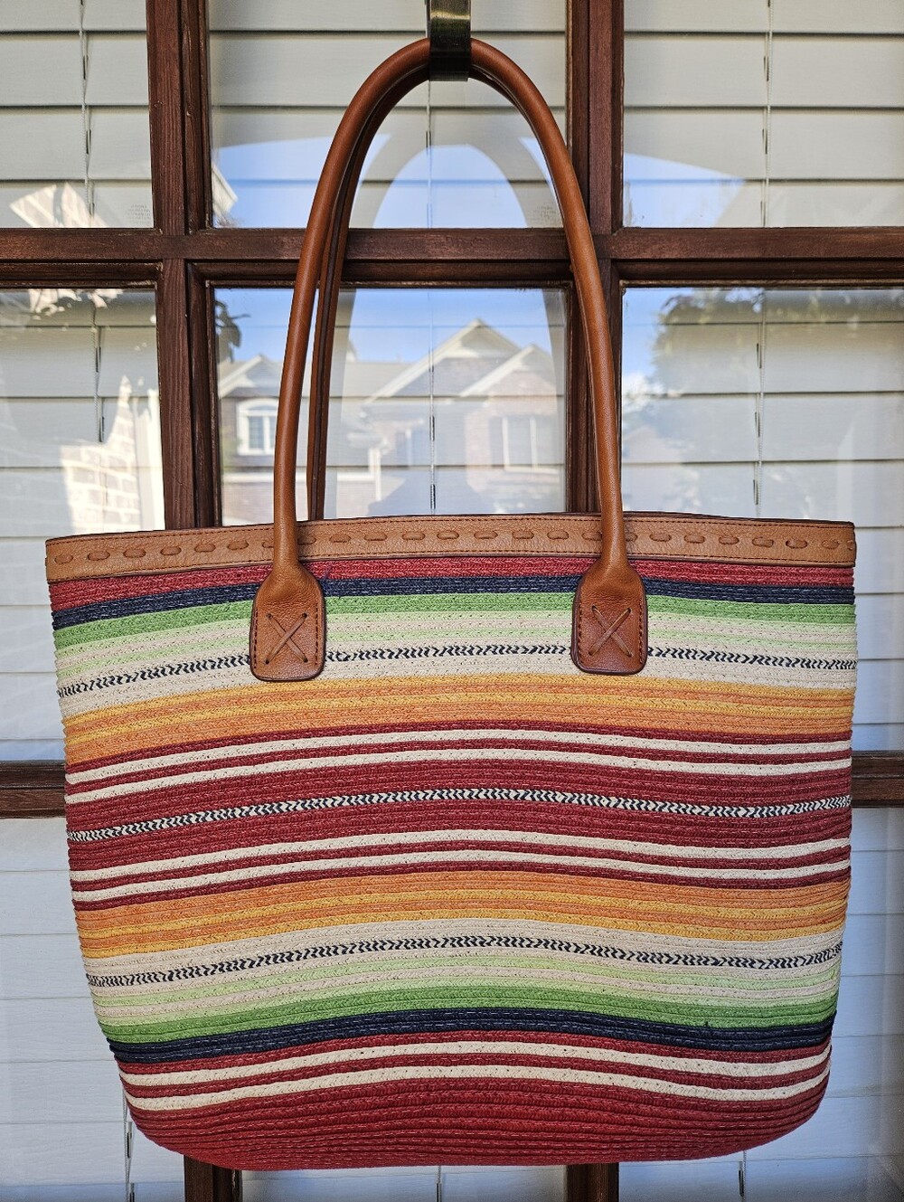 Pendleton Southwest Print Striped Multi-Color Leather-Trim Large Tote Bag